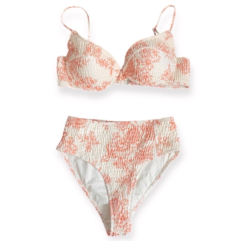 Triangl Floral Ruched Bikini Swim Top & Bottom Set womens Small High Waist retro